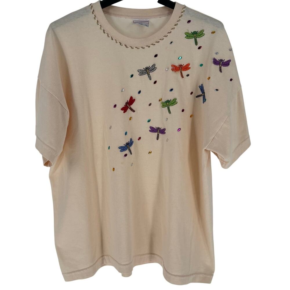 Vintage 90s Dragonfly Rhinestone Beige T-Shirt, Womens One Size, Made in USA
